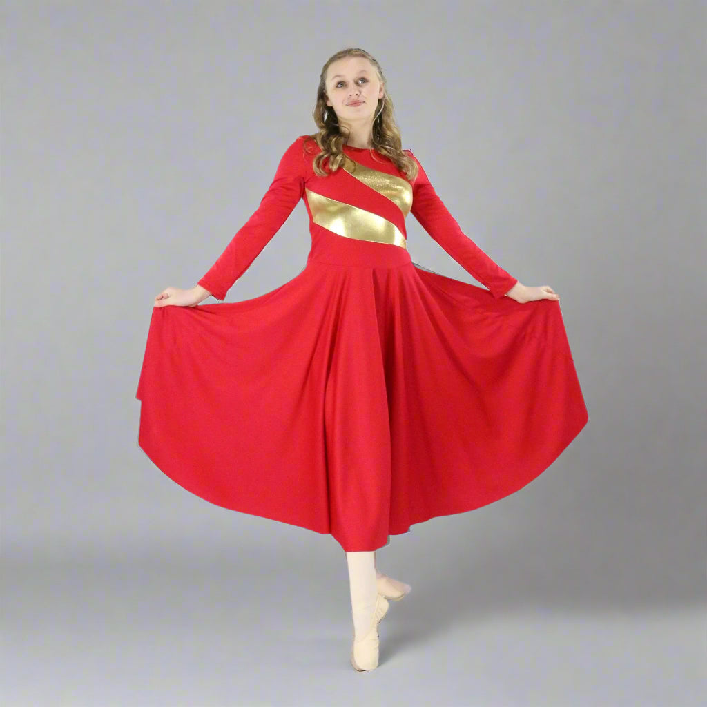 Danzcue Child Praise Dance Shimmery Parallel Long Sleeve Dress - Scarlet-Gold