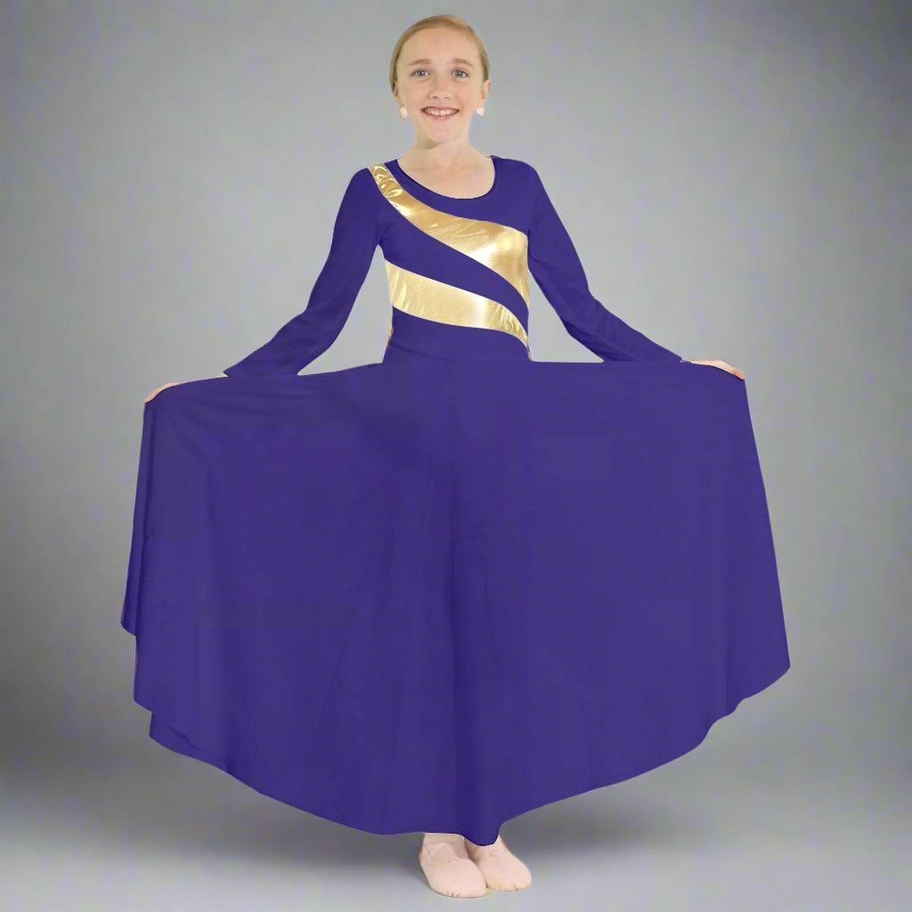 Danzcue Child Praise Dance Shimmery Parallel Long Sleeve Dress - Deep Purple-Gold