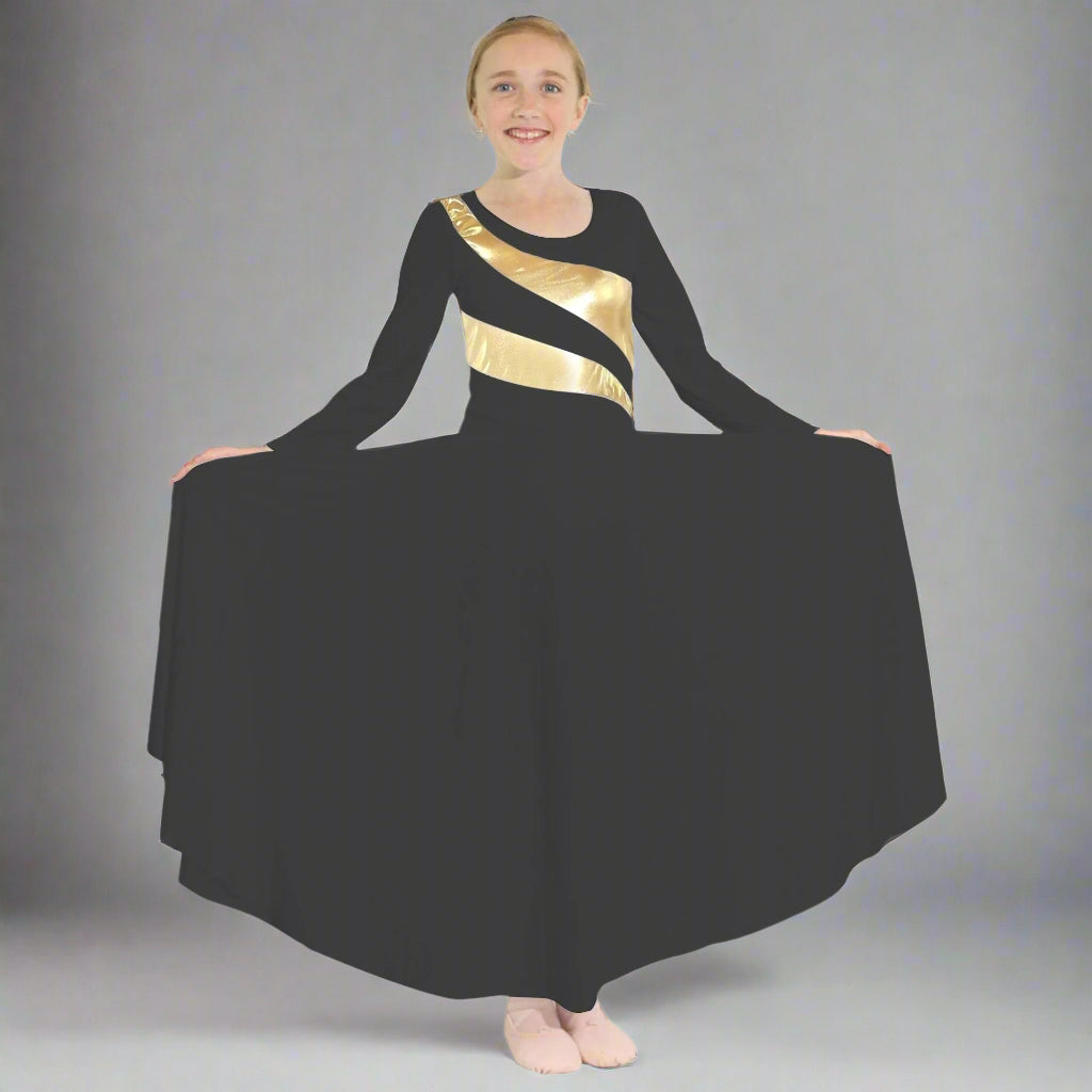 black praise dance dresses Child Diagonal Gold Stripe Long Sleeve Dress 8-10-Child / Black-Gold AUG25 Machine wash Mens French Cuff Shirt Color:Periwinkle Pearl