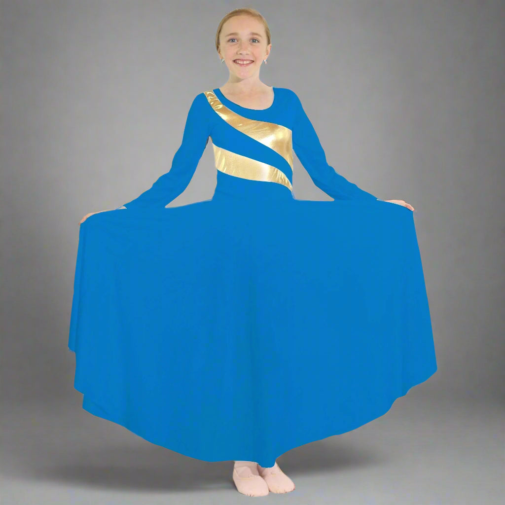 Danzcue Child Praise Dance Shimmery Parallel Long Sleeve Dress - Bright Royal-Gold