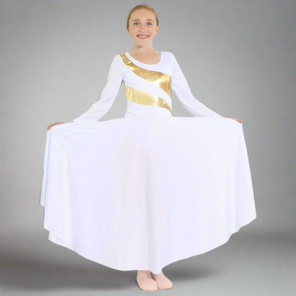 white and gold praise dance dress Child Diagonal Stripe Long Sleeve 8-10-Child / White-Gold COLOR:Cinnamon Stylist Picks May Calvin Klein Burgundy Dress friendly with delicate texture