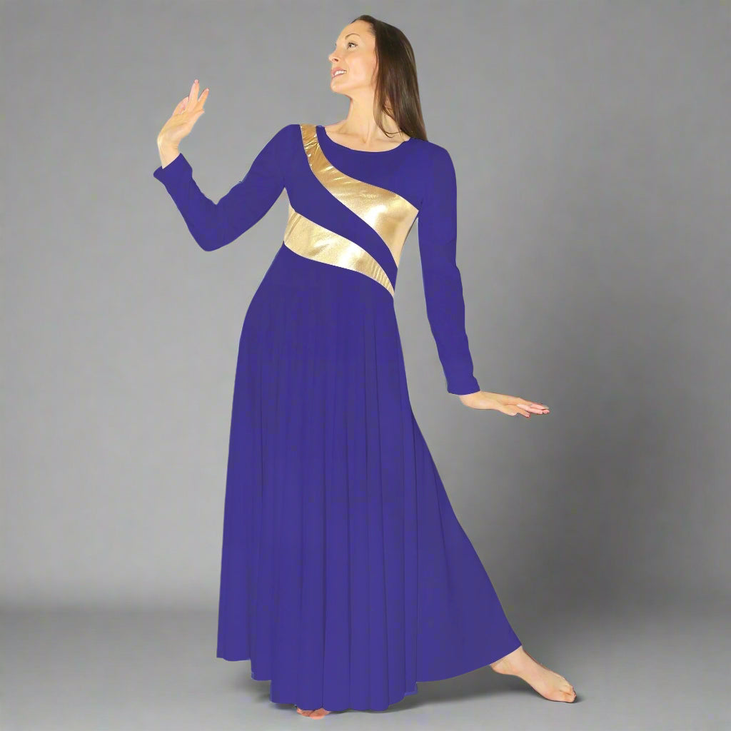 Danzcue Praise Dance Shimmery Parallel Long Sleeve Dress Deep Purple-Gold / M-Adult