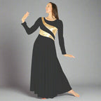 Danzcue Praise Dance Shimmery Parallel Long Sleeve Dress - Black-Gold