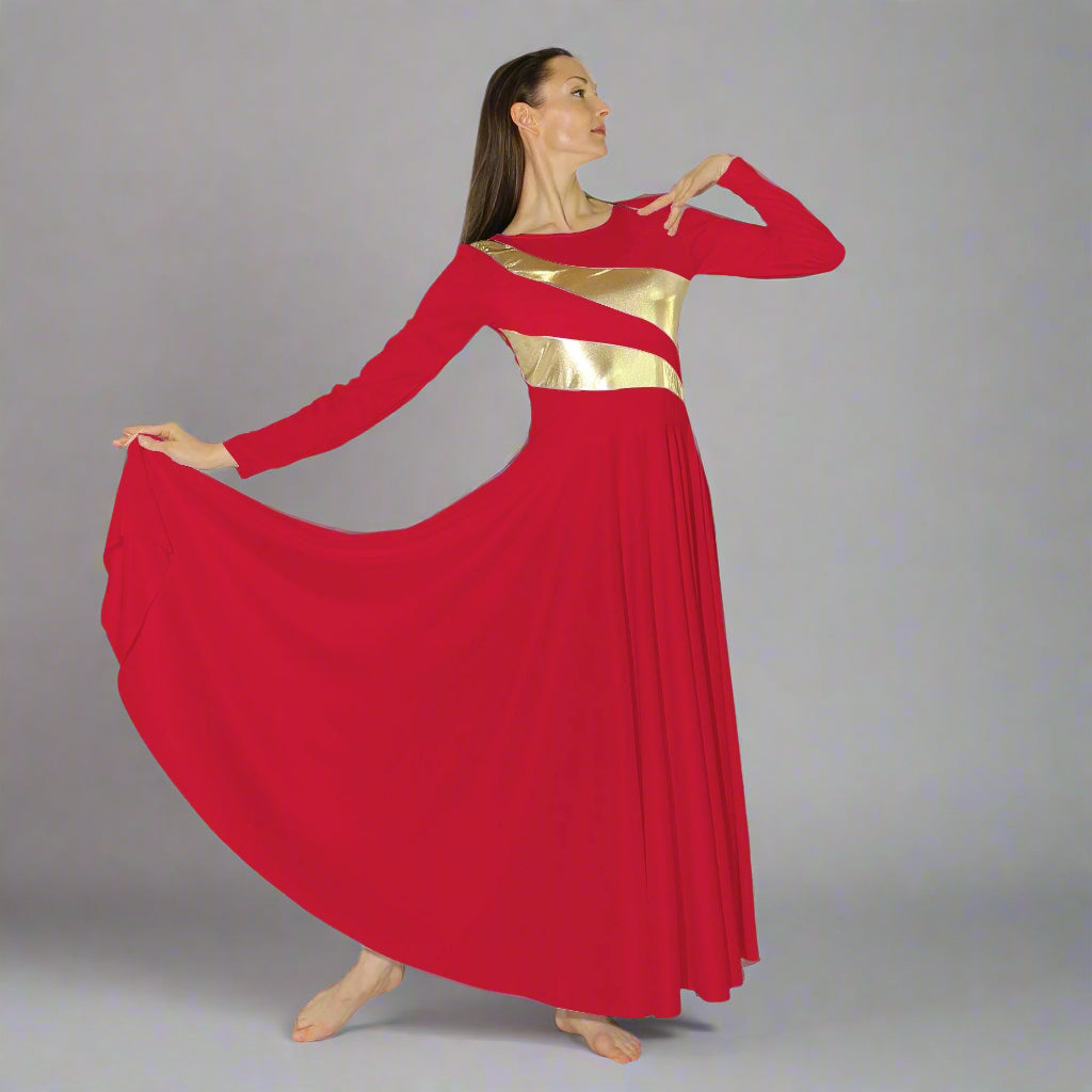Danzcue Praise Dance Shimmery Parallel Long Sleeve Dress Scarlet-Gold / XL-Adult