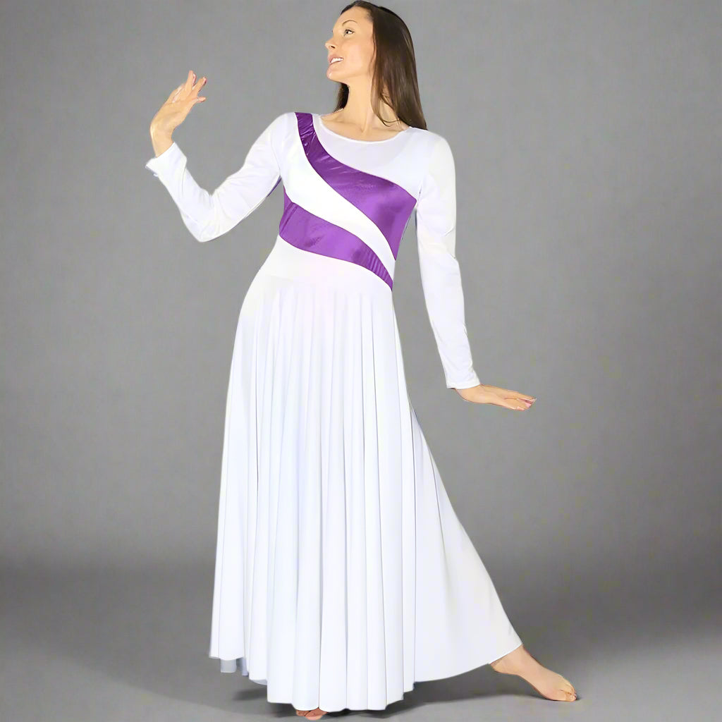 Danzcue Praise Dance Shimmery Parallel Long Sleeve Dress - White-Metallic Deep Purple