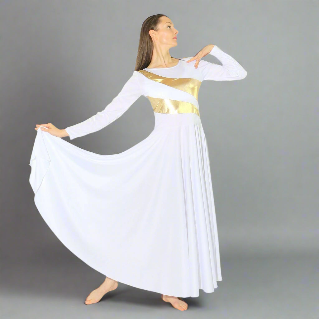 Danzcue Praise Dance Shimmery Parallel Long Sleeve Dress - White-Gold