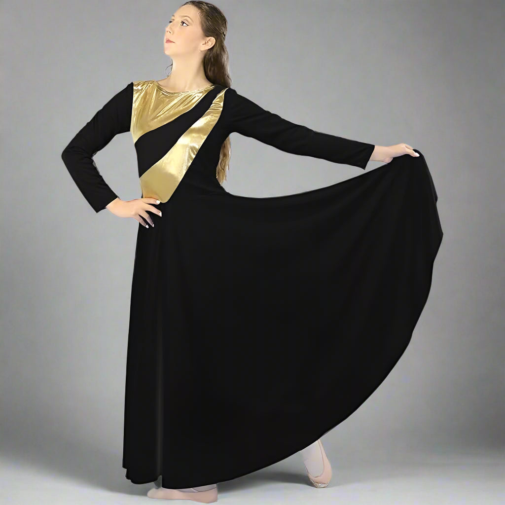 Danzcue Womens Metallic Bicolor Praise Dance Dress Black-Gold / S-Adult