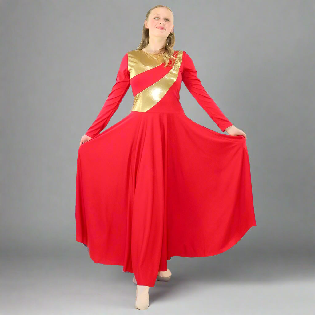 Danzcue Womens Metallic Bicolor  Praise Dance Dress - Scarlet-Gold