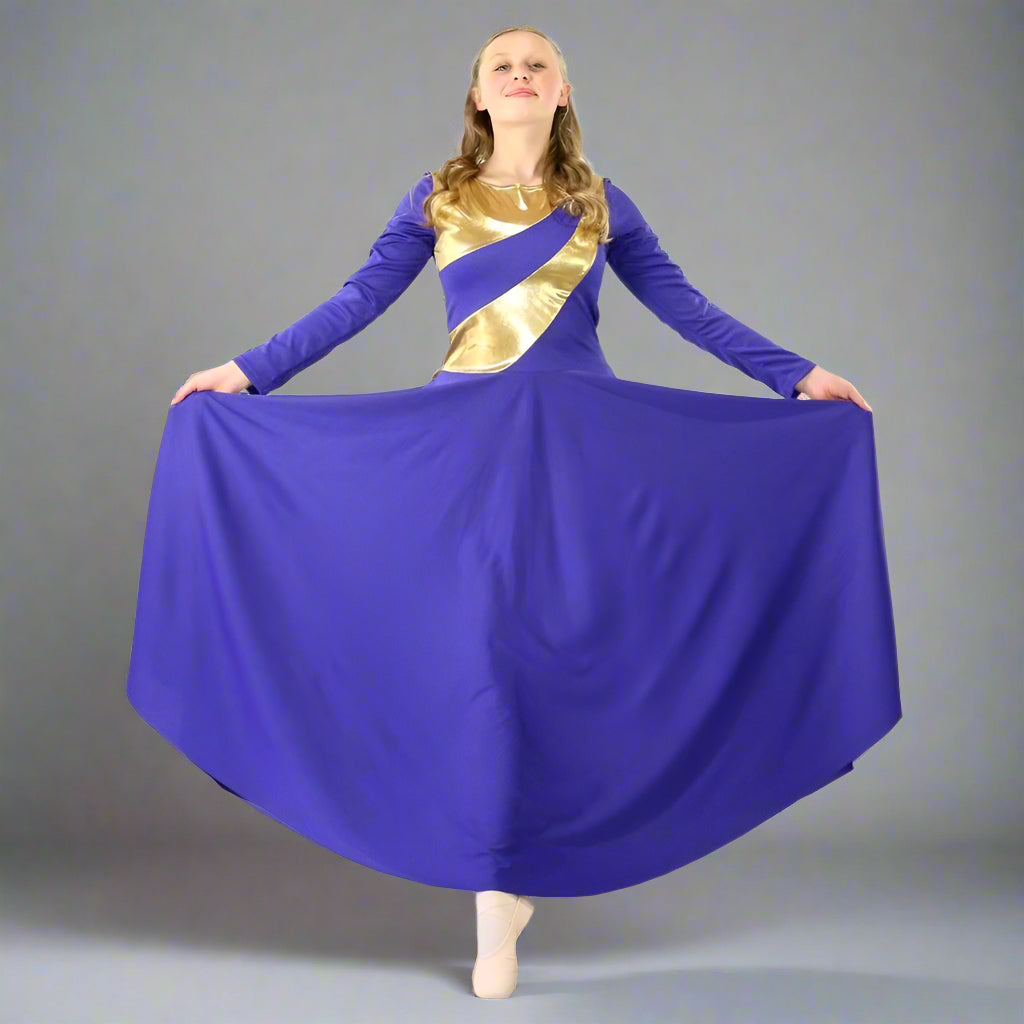 Danzcue Womens Metallic Bicolor  Praise Dance Dress - Deep Purple-Gold