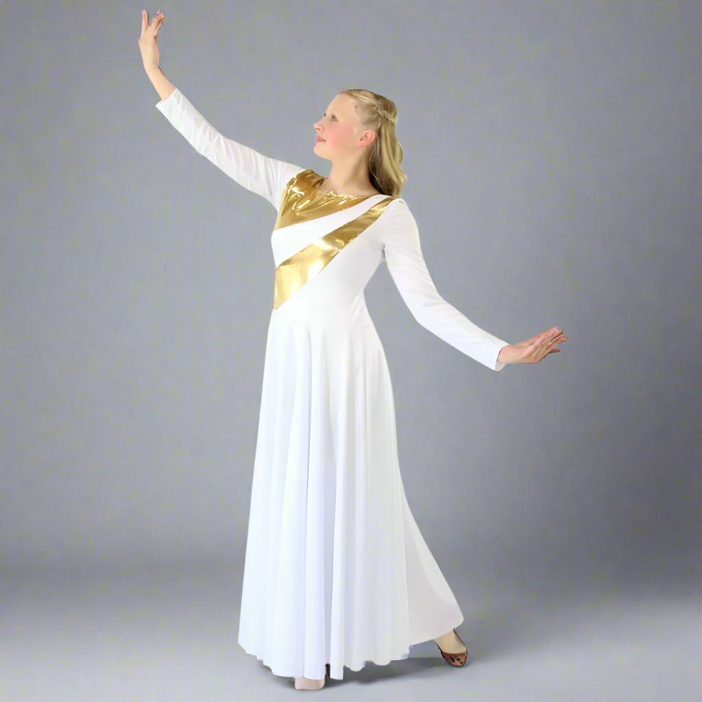 Danzcue Womens Metallic Bicolor  Praise Dance Dress - White-Gold
