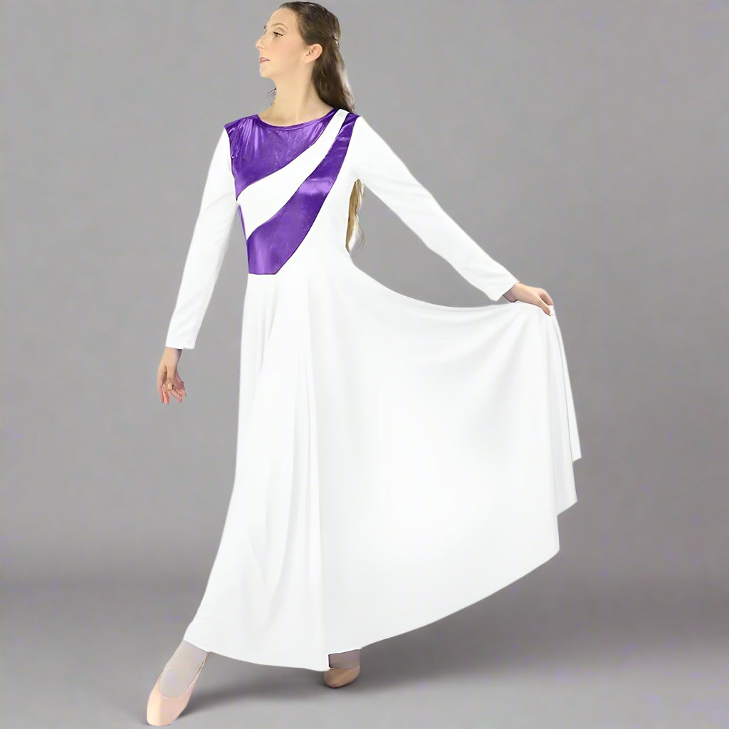 Danzcue Womens Metallic Bicolor  Praise Dance Dress - White-Metallic Deep Purple