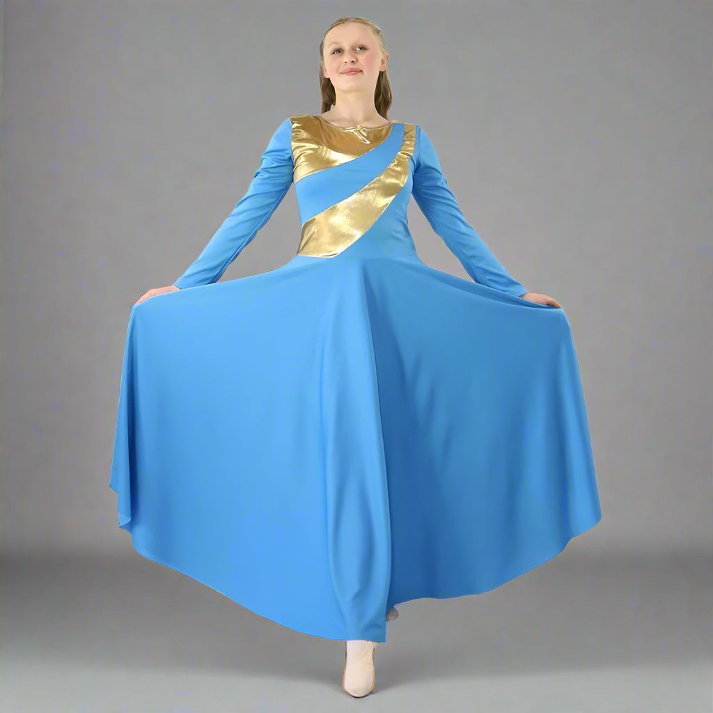 Danzcue Womens Metallic Bicolor  Praise Dance Dress - Bright Royal-Gold