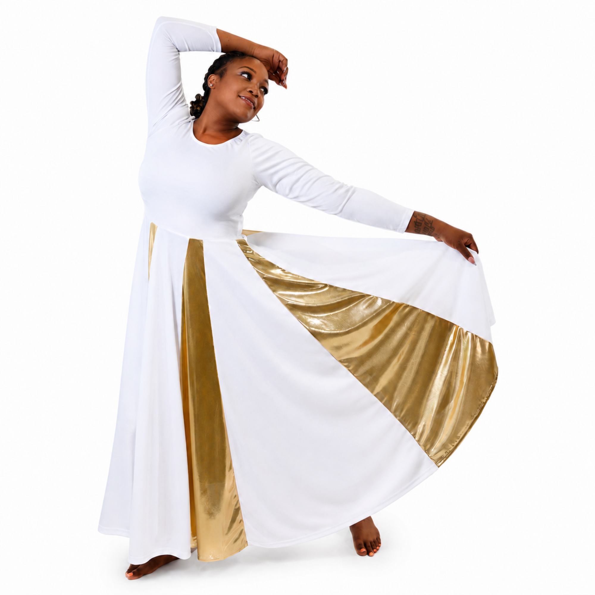 Metallic Panel Flowing Performance Dress