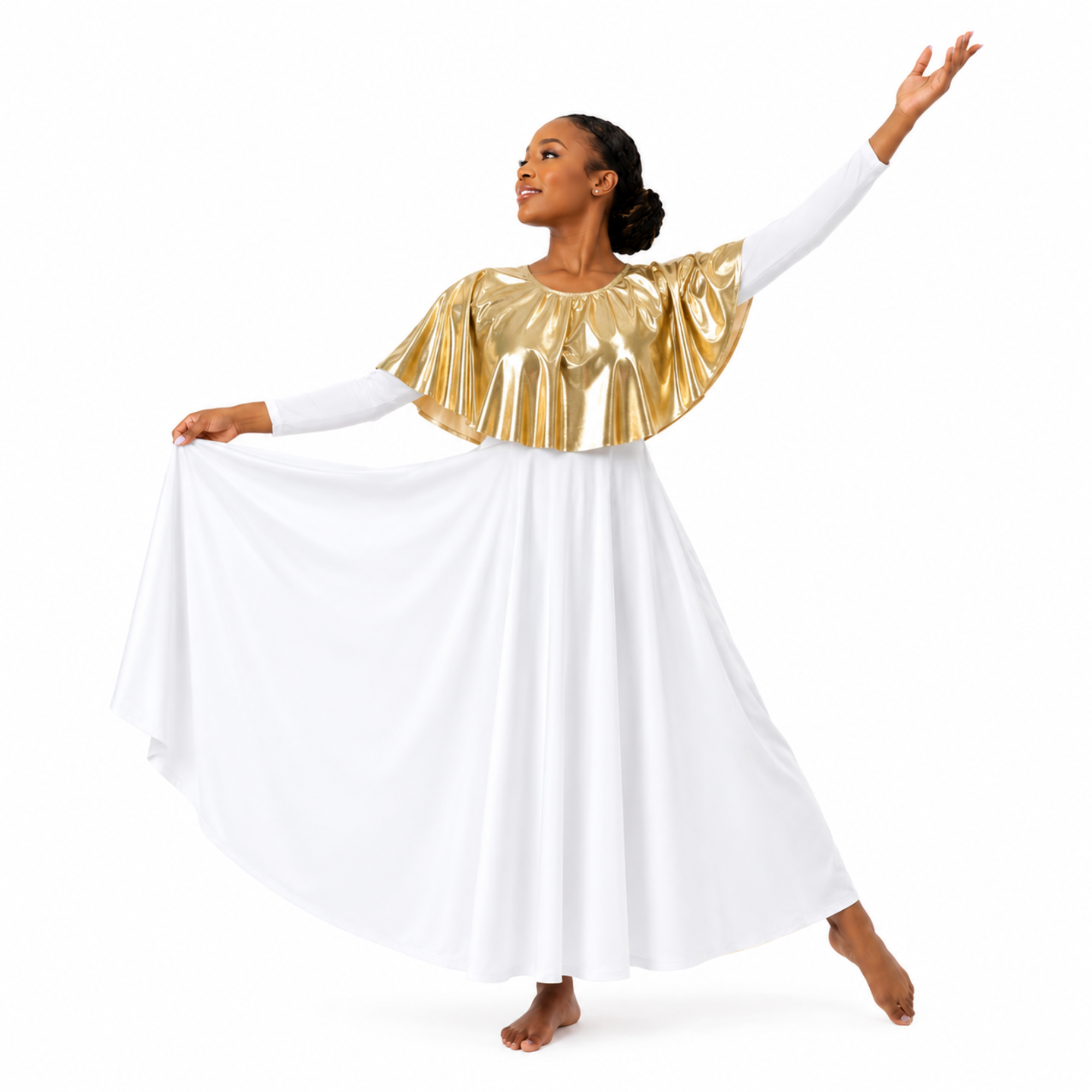Metallic Cape Overlay Flowing Performance Dress