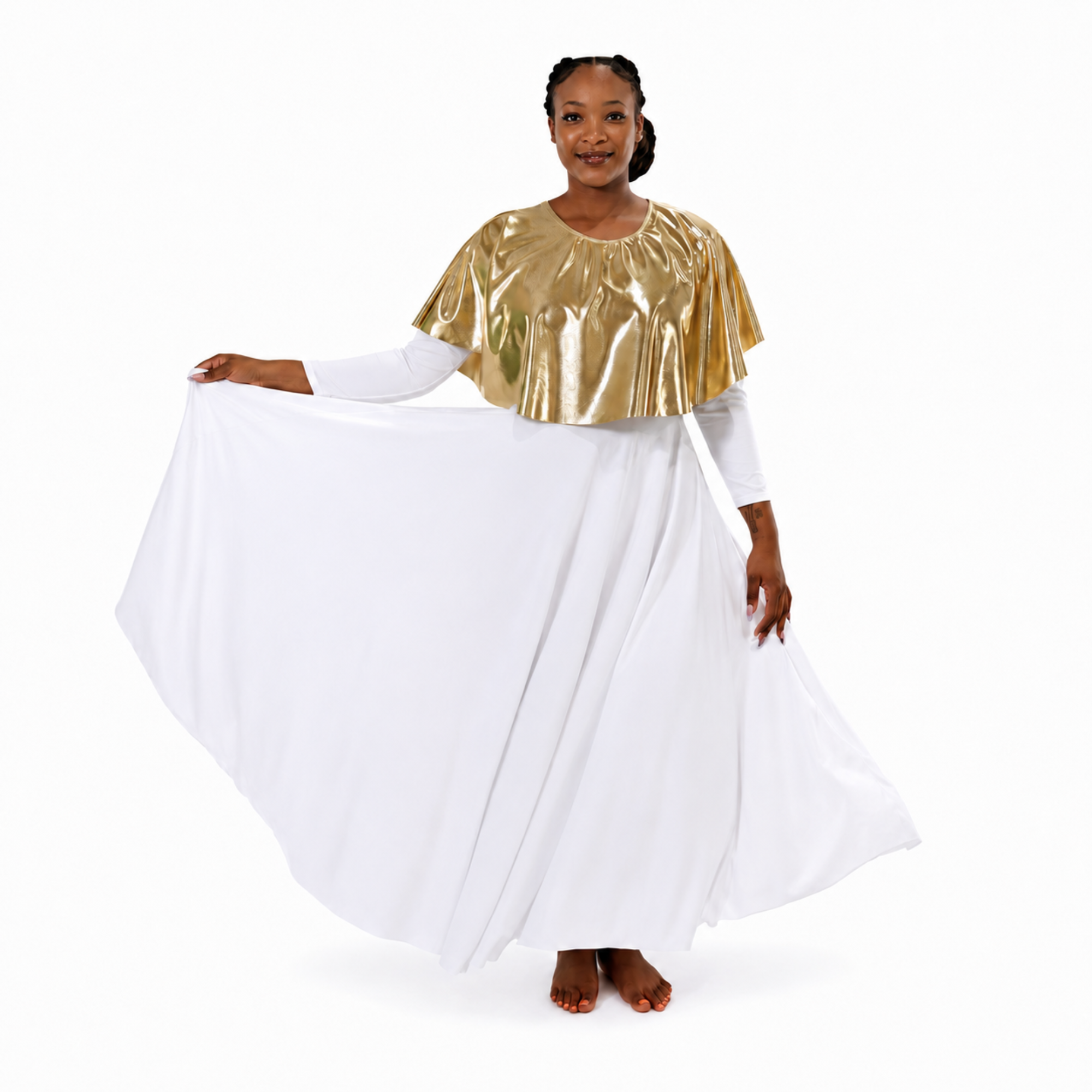 Metallic Cape Overlay Flowing Performance Dress