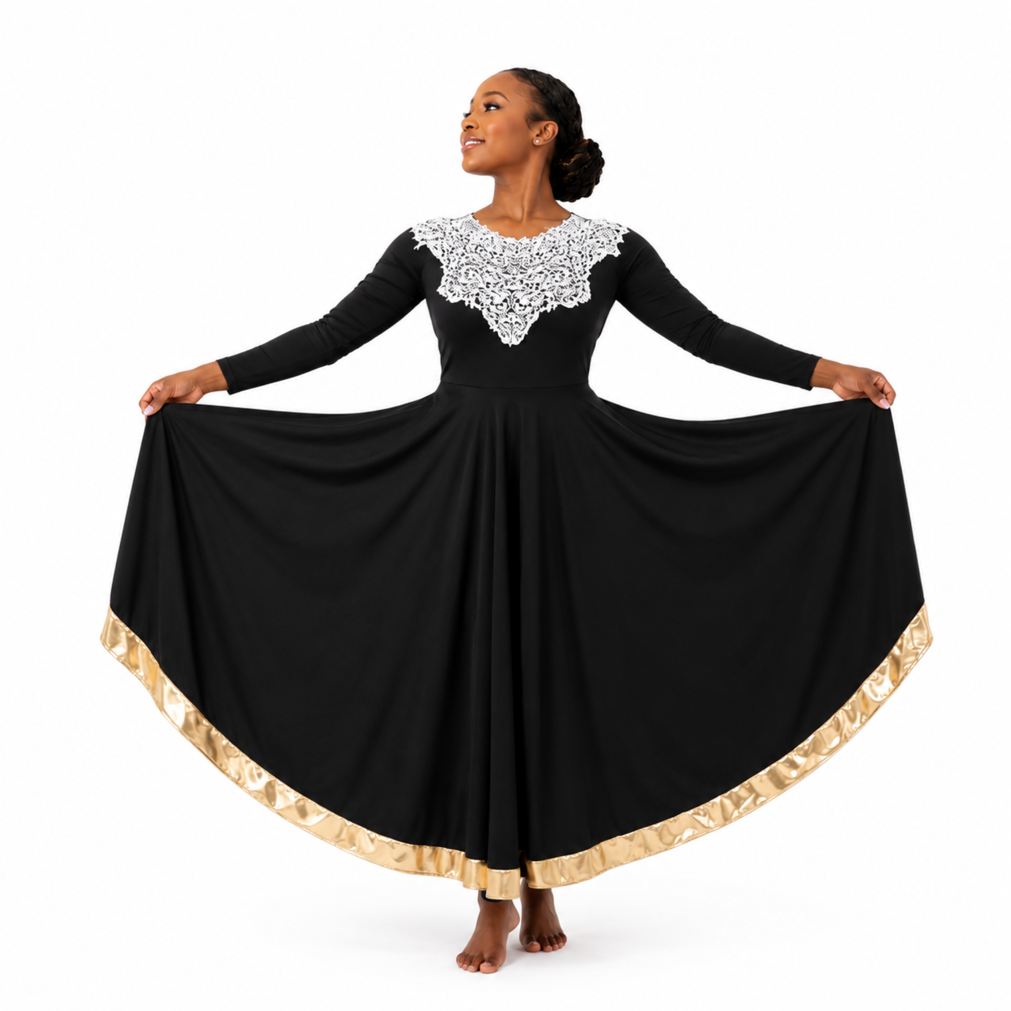 Lace Yoke Metallic Trim Flowing Dress