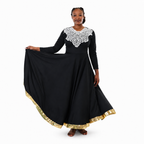 Lace Yoke Metallic Trim Flowing Dress