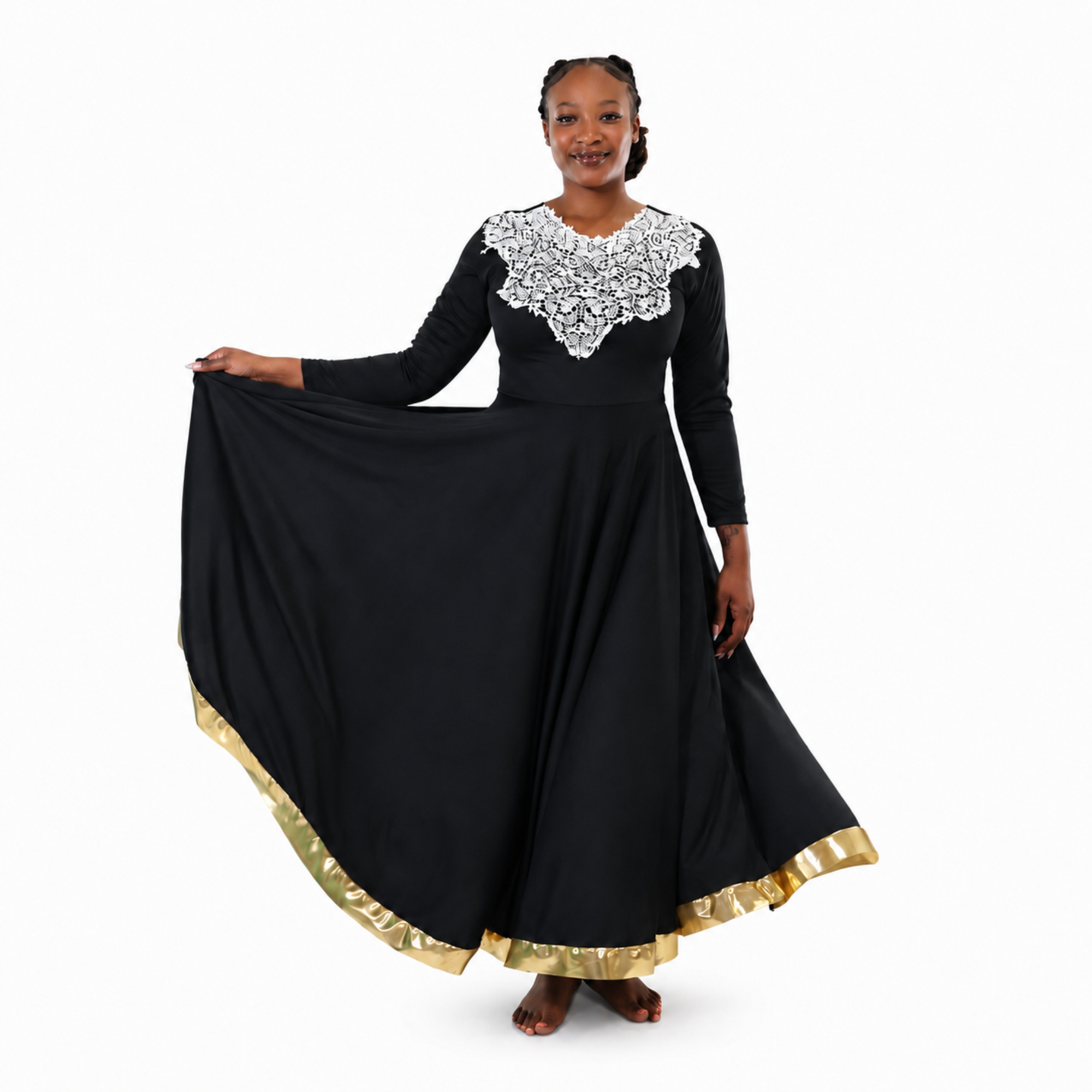 Lace Yoke Metallic Trim Flowing Dress
