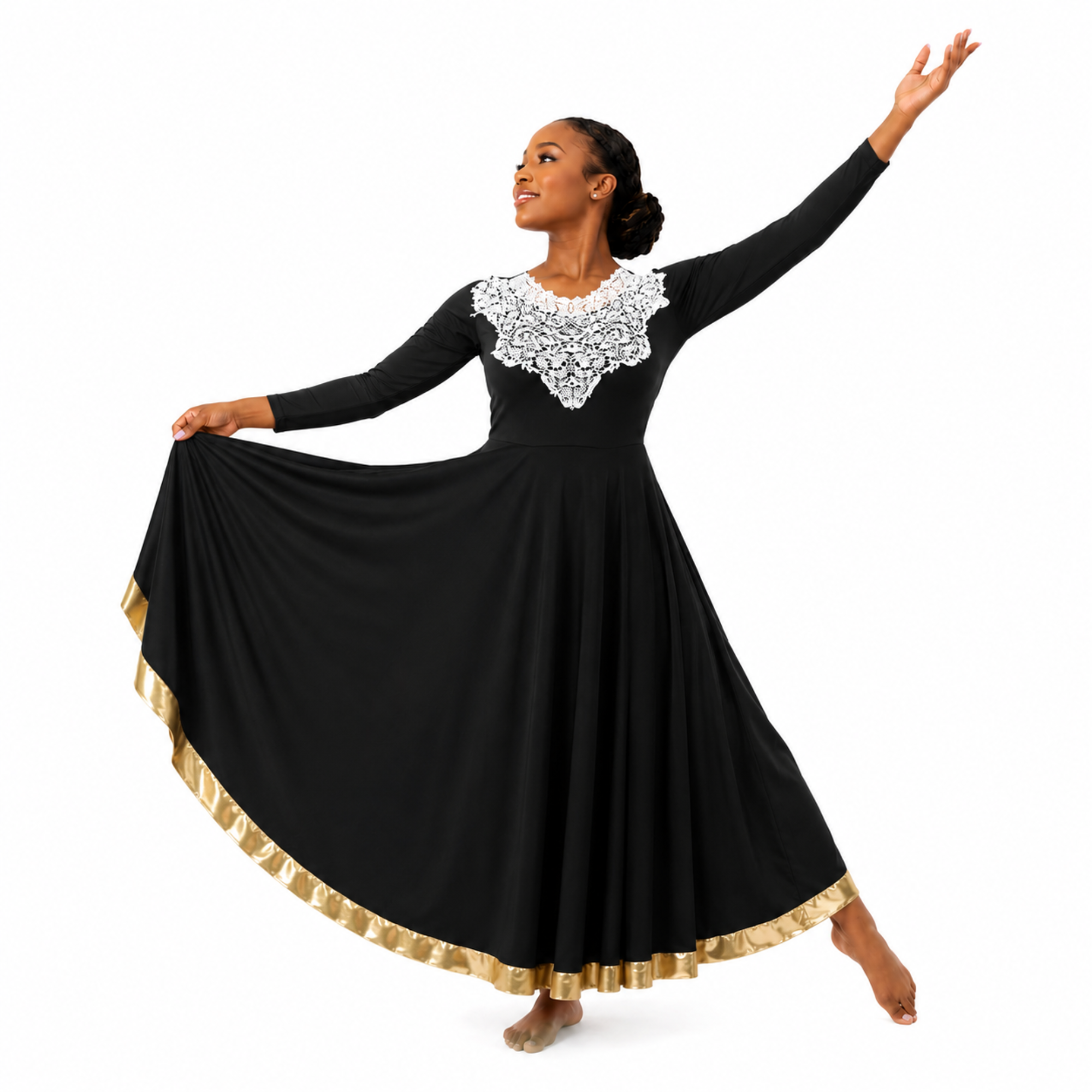 Lace Yoke Metallic Trim Flowing Dress