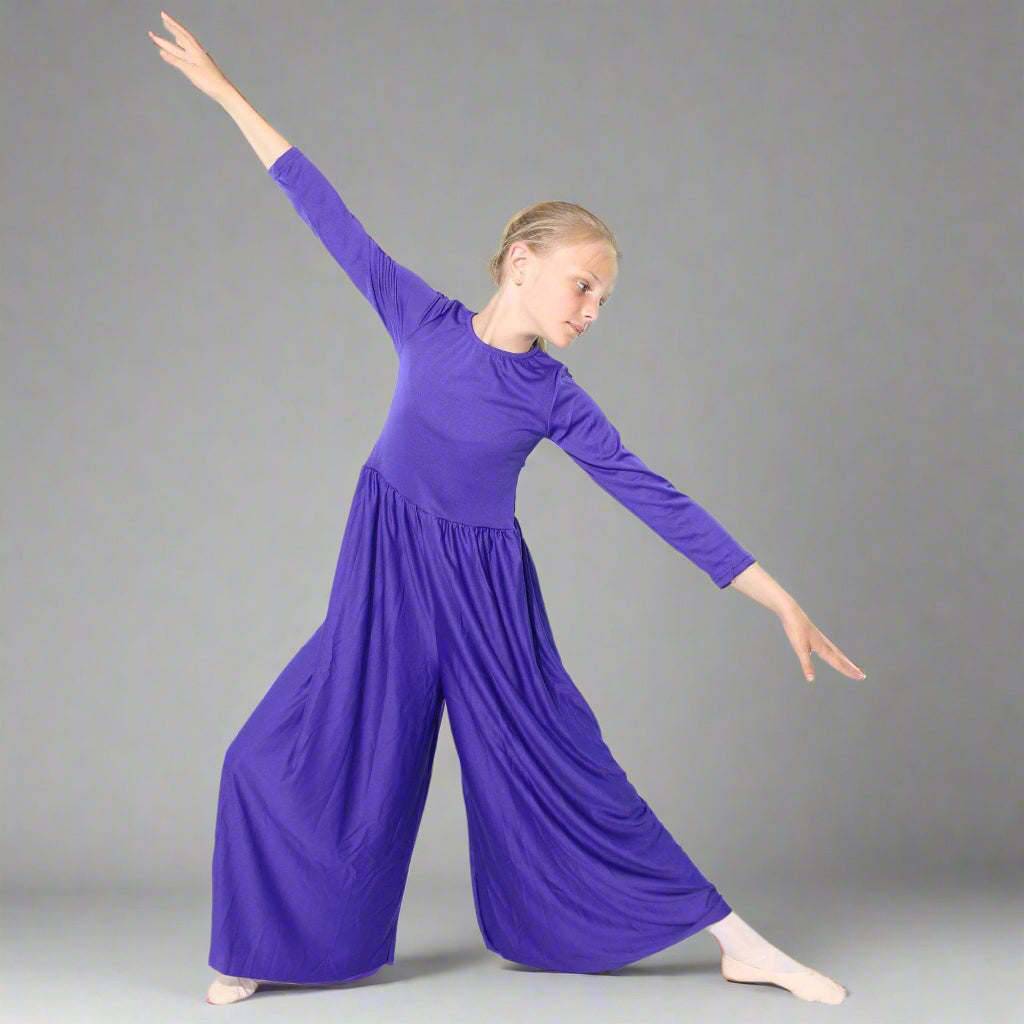 Danzcue Child Long Sleeve Crew Neck Praise Dance Jumpsuit - Deep Purple