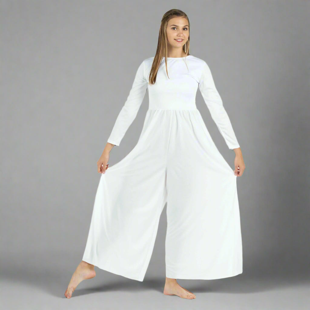 Danzcue Praise Dance Long Sleeve Crew Neck Jumpsuit - White
