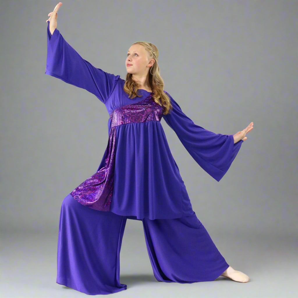 2-pc Set Danzcue Celebration of Spirit Palazzo Pants With Shimmery Asymmetrical Praise Dance Tunic - Deep Purple