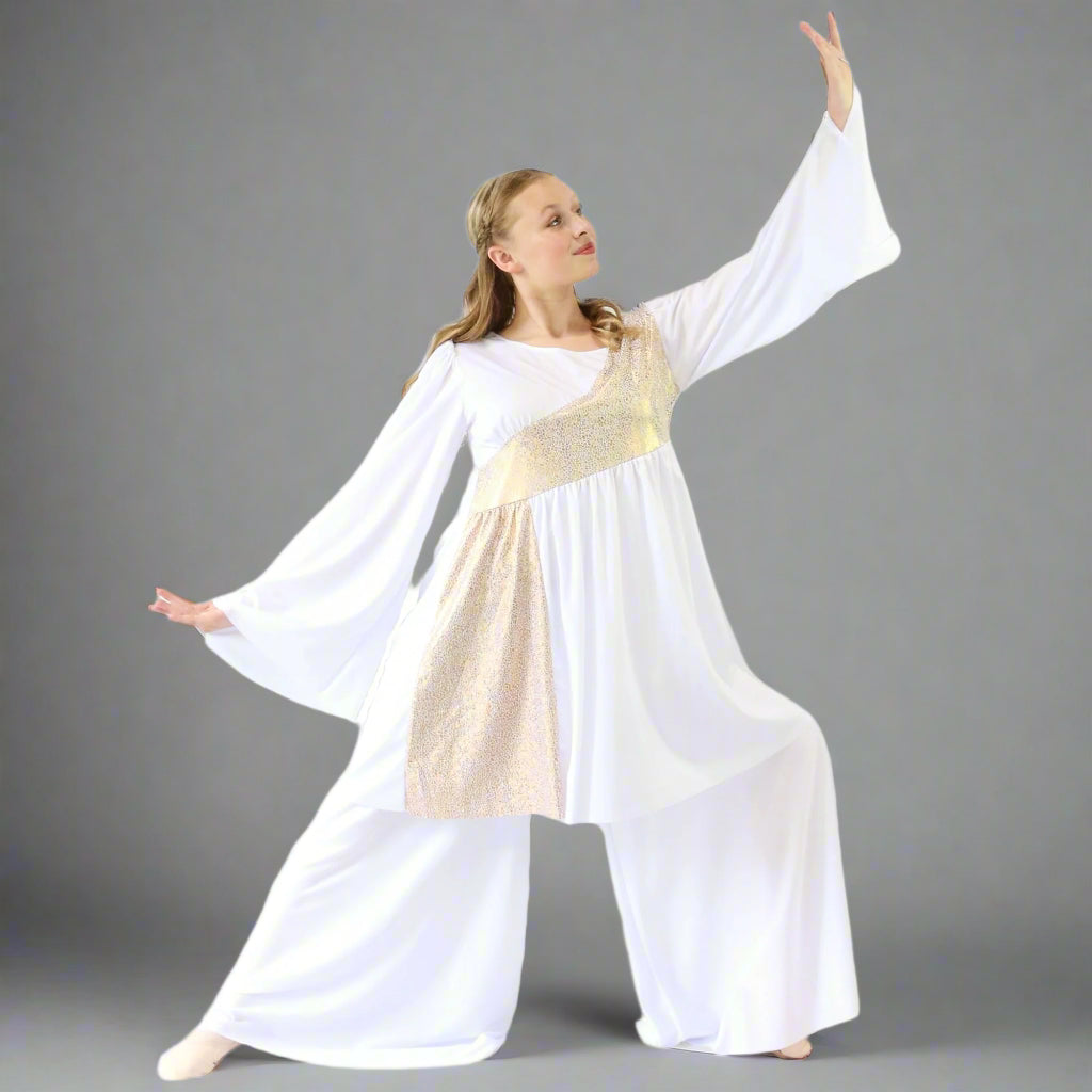Danzcue Shimmery Asymmetrical Praise Dance Tunic - White-Gold