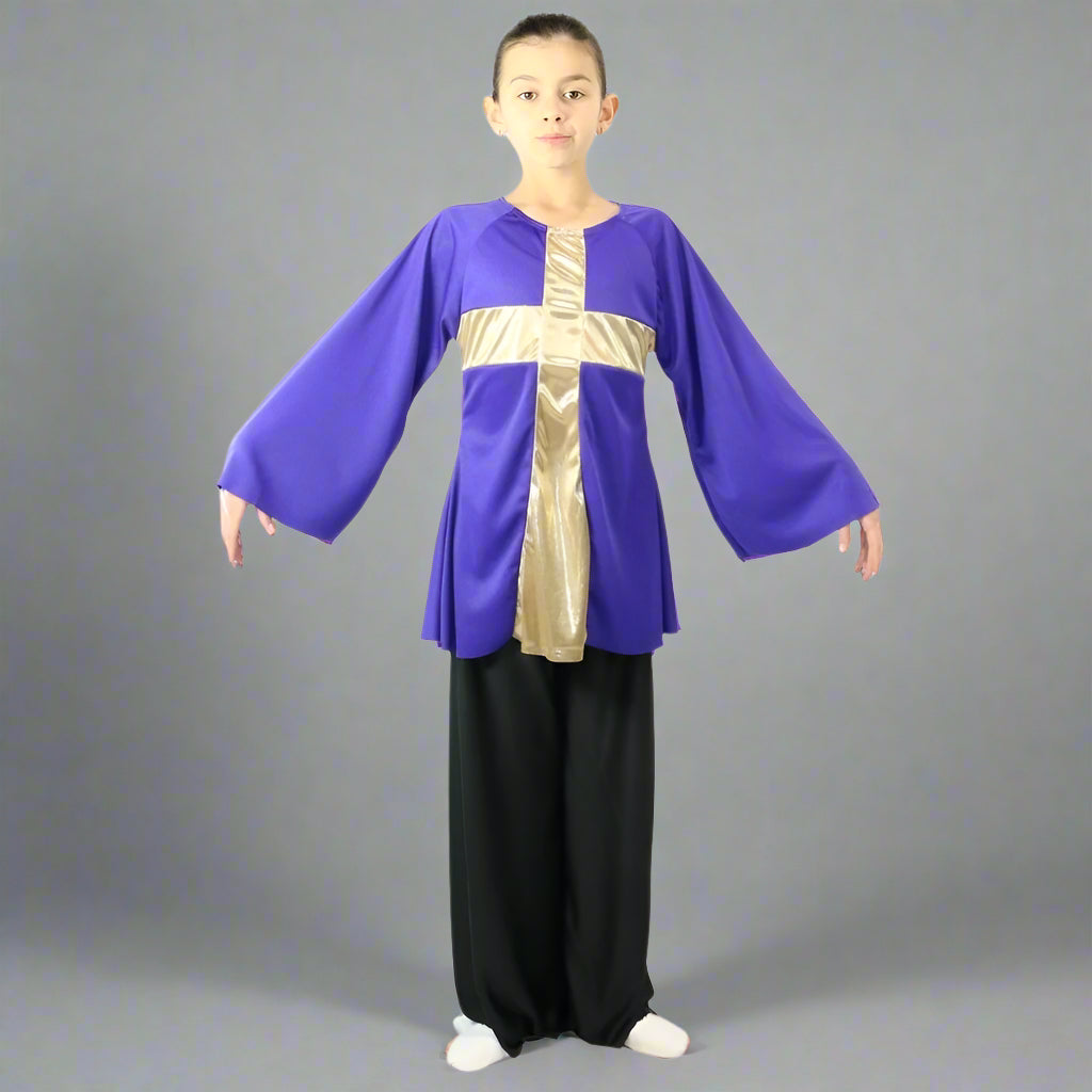 Danzcue Worship Praise Dance Cross Pullover Top - Deep Purple-Gold