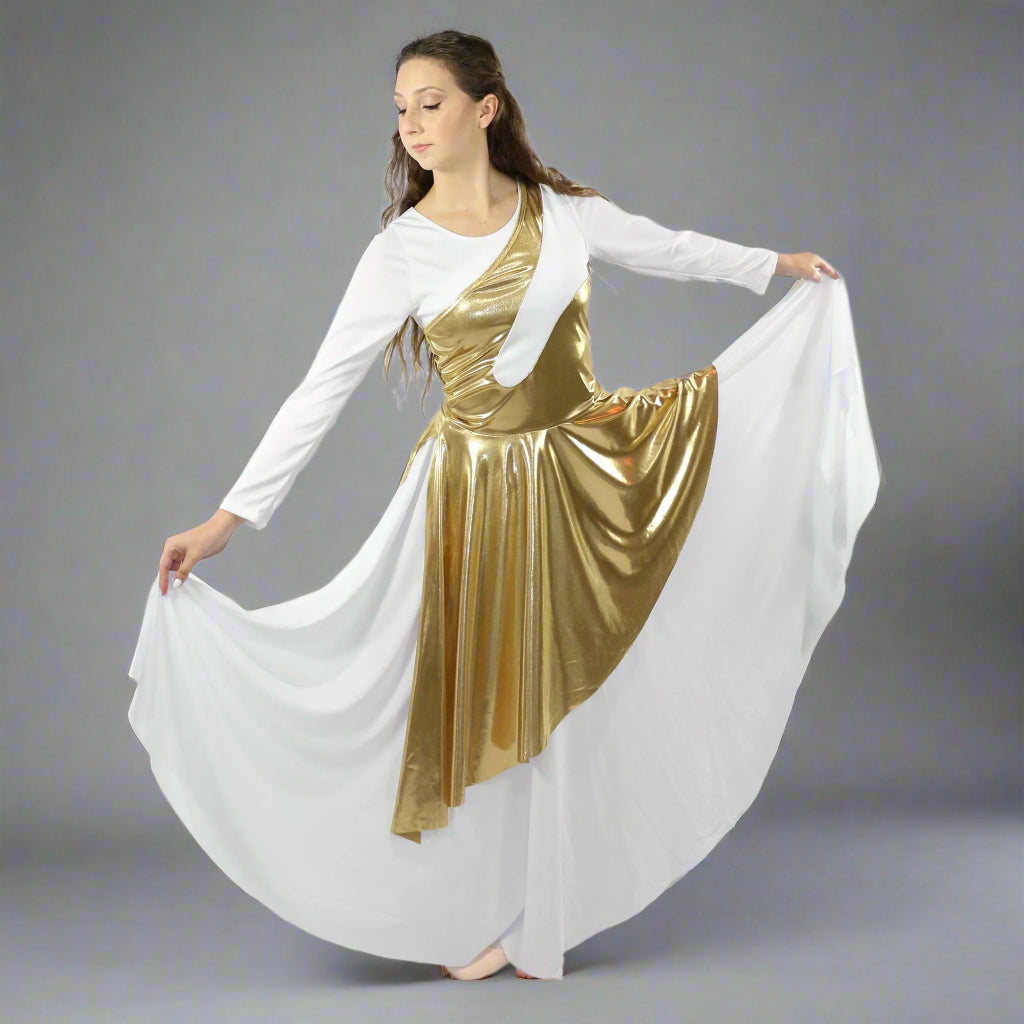 Danzcue Women's Worship Asymmetrical Praise Dance Sleeveless Tunic - White-Gold