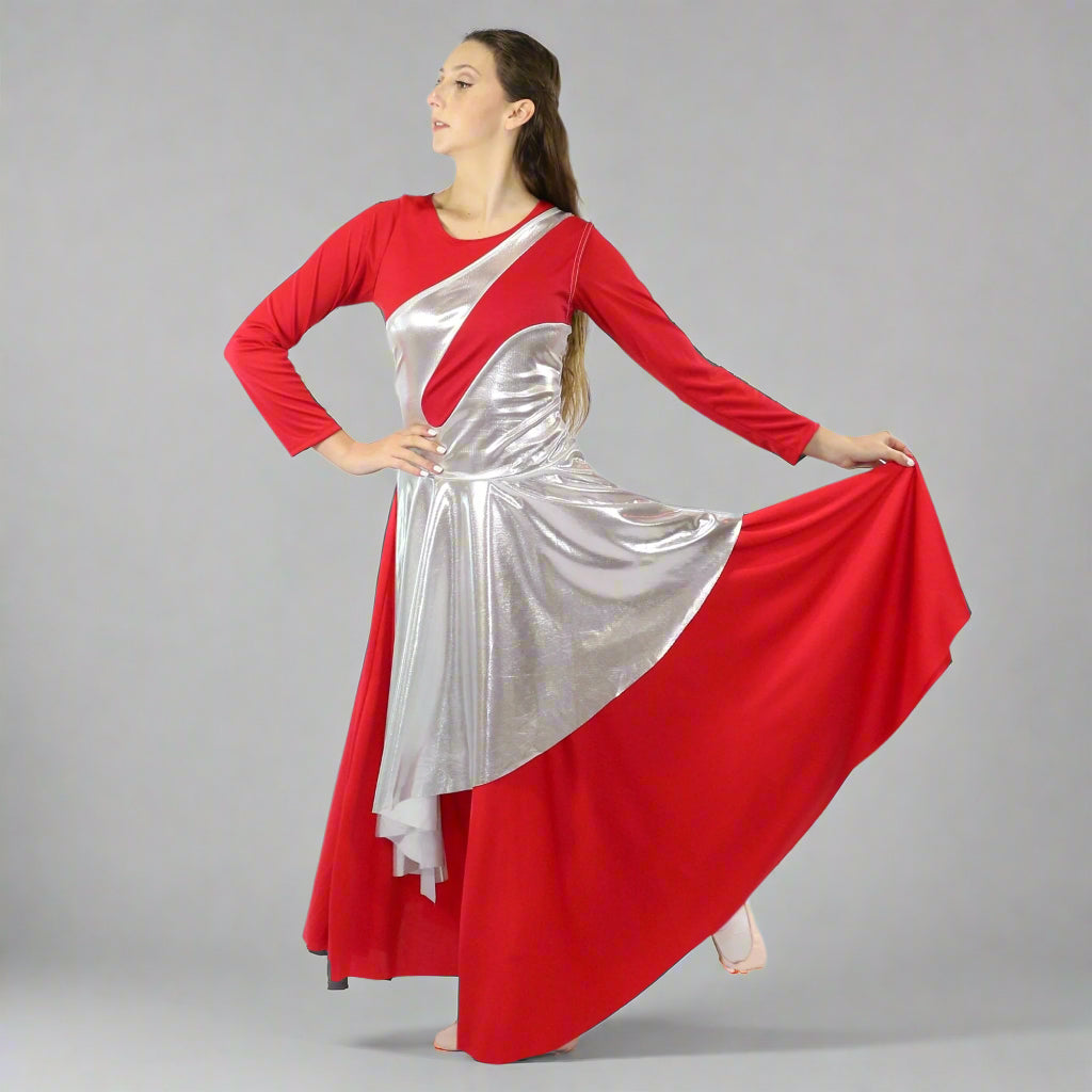 Danzcue Women's Worship Asymmetrical Praise Dance Sleeveless Tunic - Scarlet-Silver