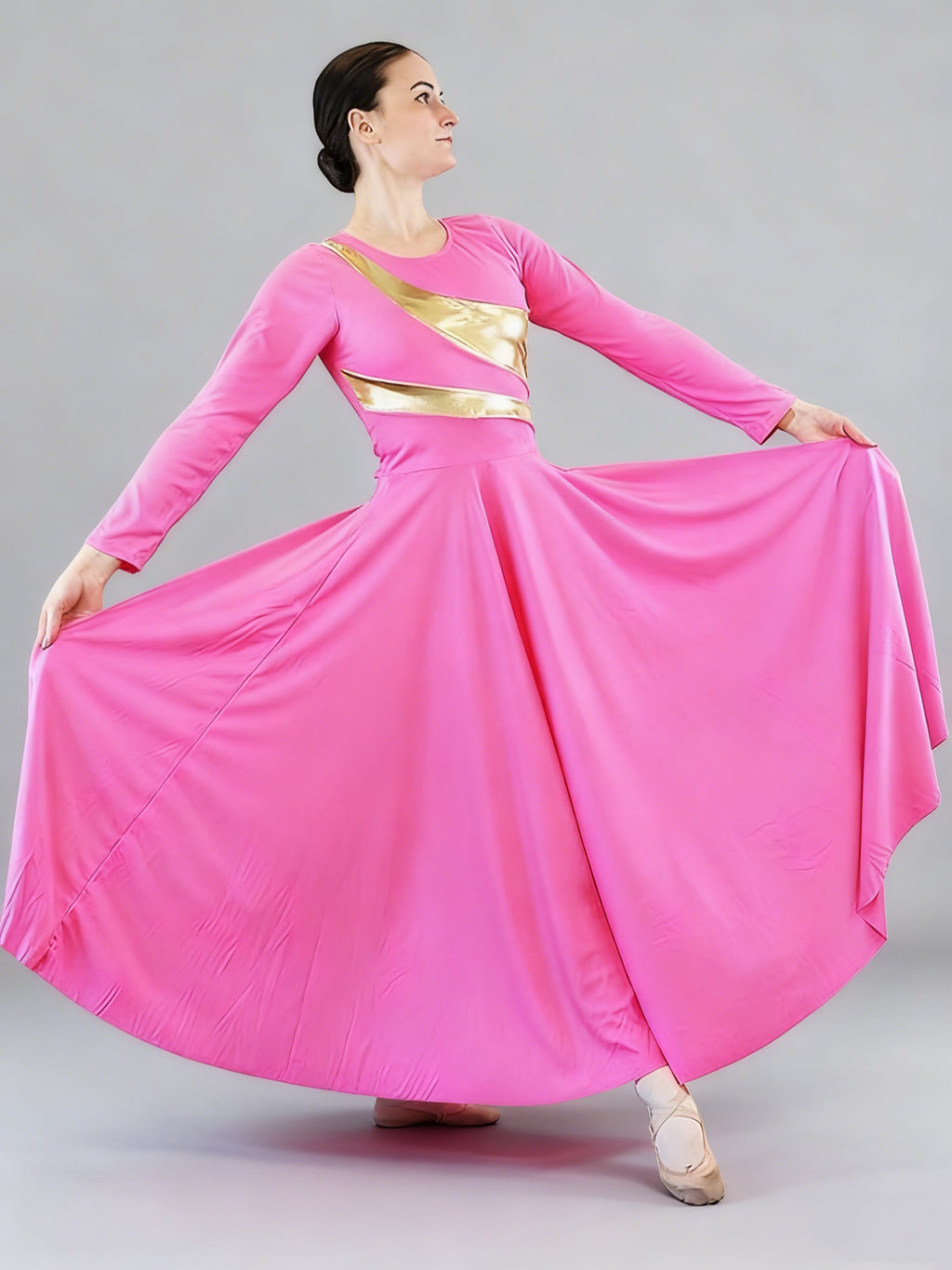 Diagonal Gold Stripe Long Sleeve Dance Dress