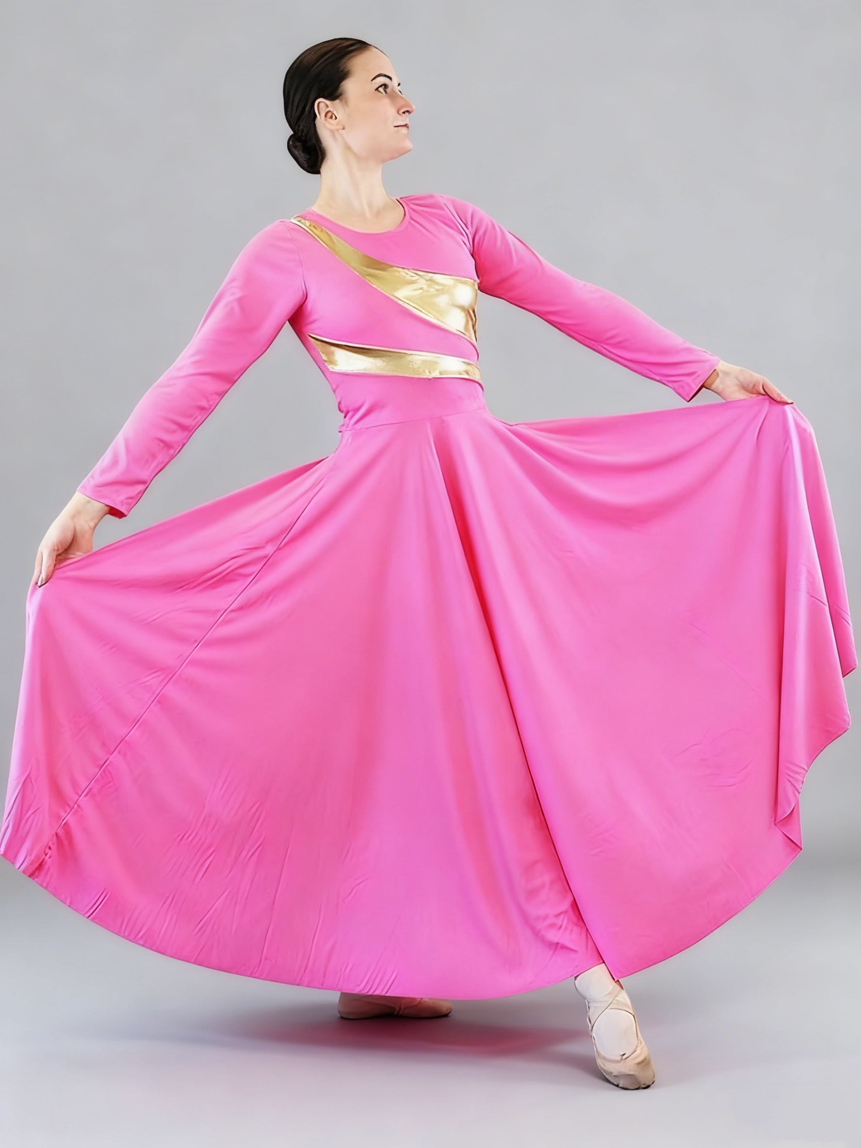 Diagonal Gold Stripe Long Sleeve Dance Dress