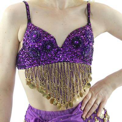Purple Sequin Belly Dance Costume Bra with Beaded Floral Design