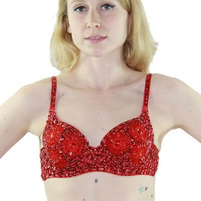 Sequin Dance Costume Bra with Beaded Floral Design - RED